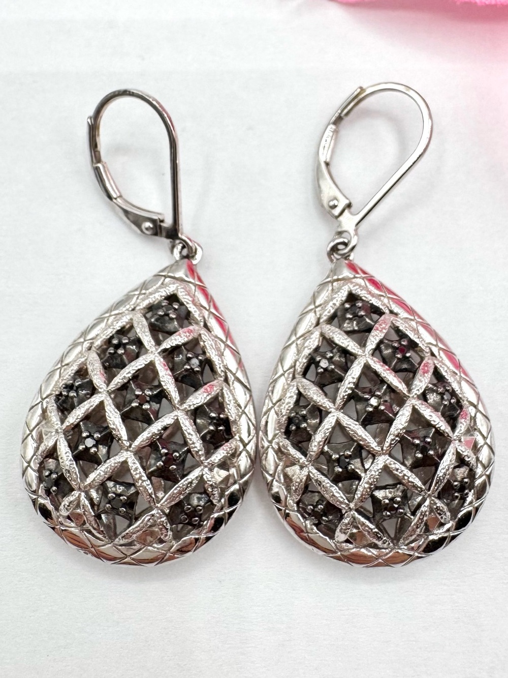 925 Sterling Silver Puffy Lattice Teardrop Earrings Black Stones Signed EA